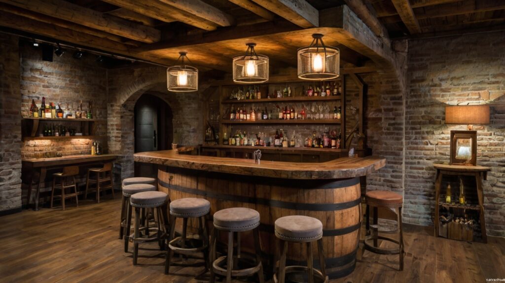 rustic basement bar featuring brick walls and barrel tables