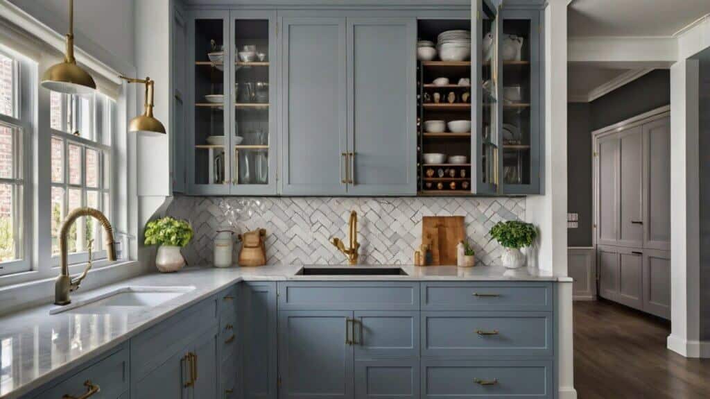 sleek kitchen featuring two-tone ice blue and steel grey flat-panel cabinets with a classic white subway tile backsplash in a chevron pattern
