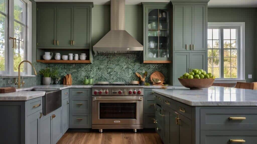 sleek kitchen featuring pewter grey lower cabinets, and sage green upper cabinets with a mosaic tile backsplash pattern
