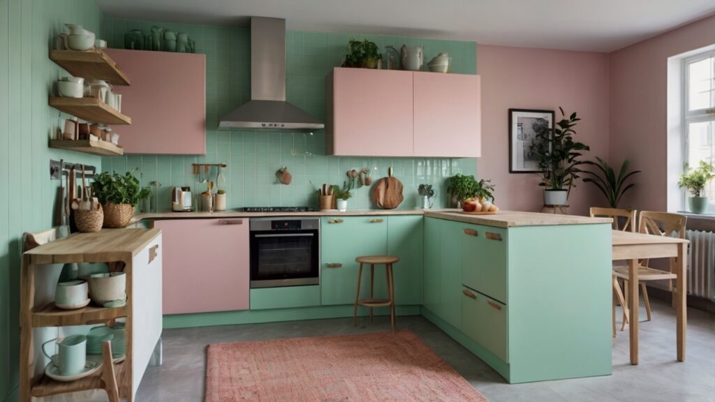 sleek small kitchen design with mint green and pale pink combinations