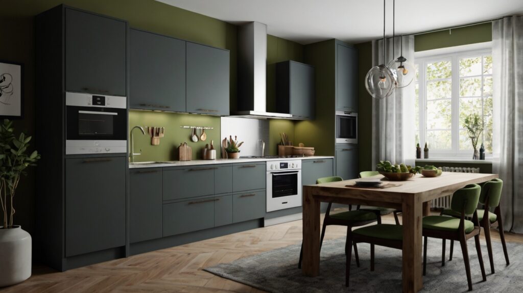 small kitchen design with charcoal grey and olive green color combinations