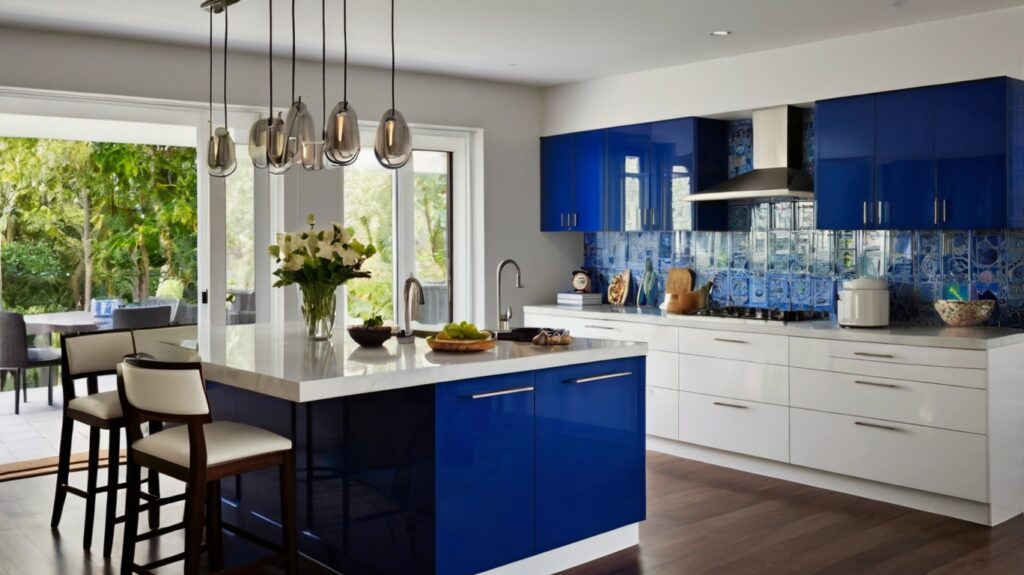 stylish kitchen design with cobalt blue and white color combinations