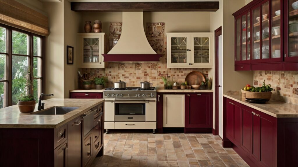 traditional small kitchen design with burgundy and cream color combinations