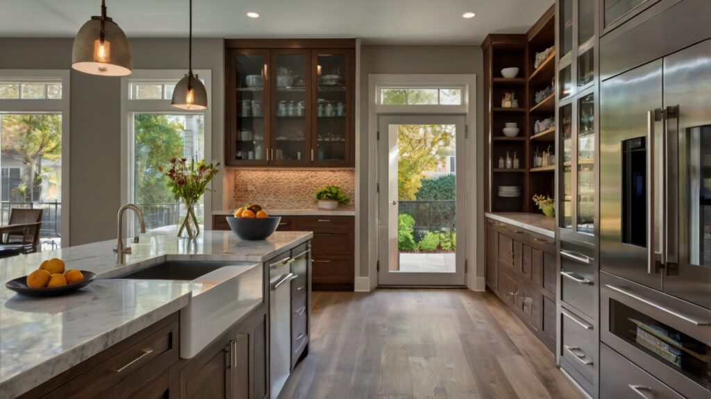 transitional kitchen featuring custom cabinetry and pantry with sleek hardware