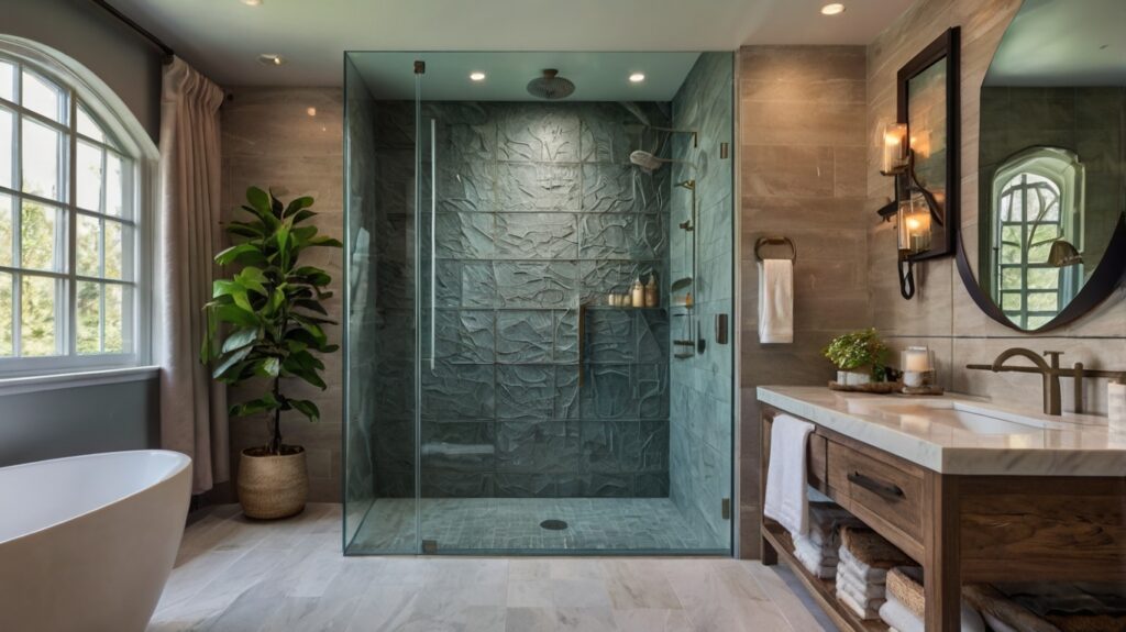 bathroom design featuring a textured shower glass enclosure
