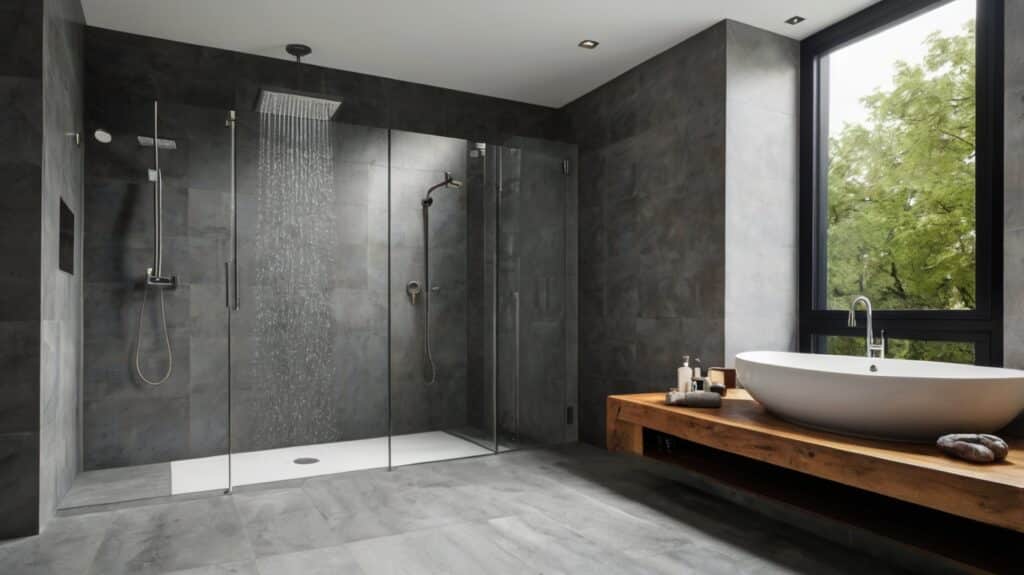 bathroom design featuring a walk-in shower with a rainfall showerhead