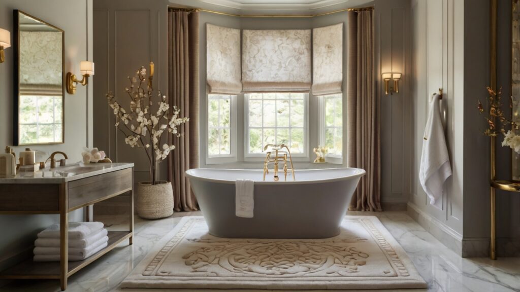 bathroom design featuring luxurious bath linens and bath mats