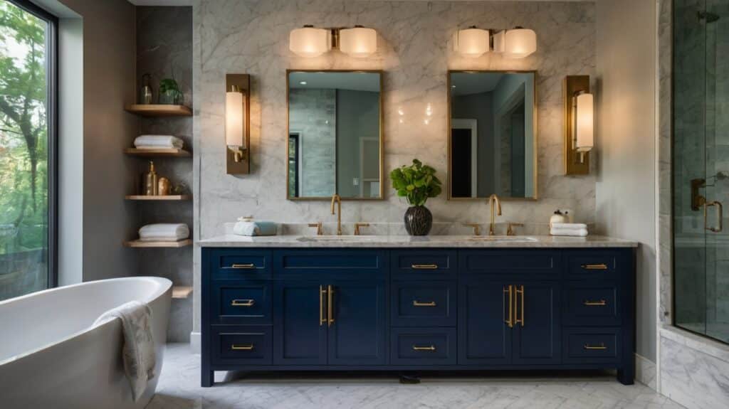 contemporary bathroom design featuring a custom navy double vanity with quartz countertop