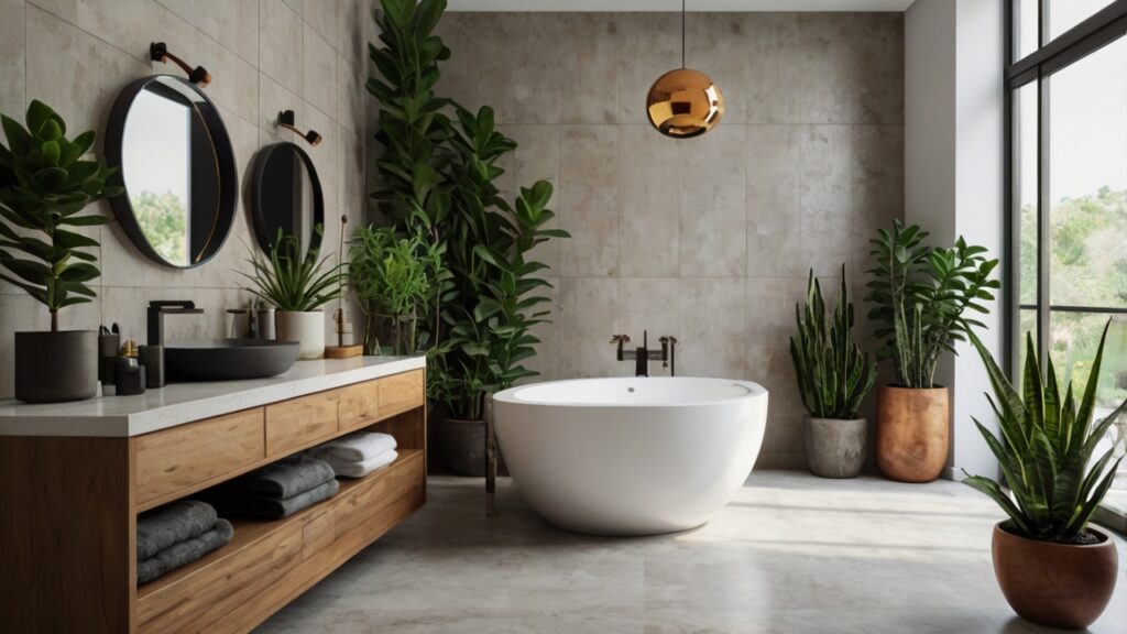 contemporary bathroom design with a few succulents and snake plants