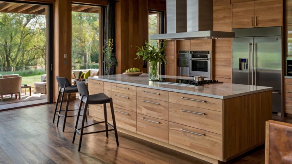 kitchen design featuring an island with a built-in stove and storage