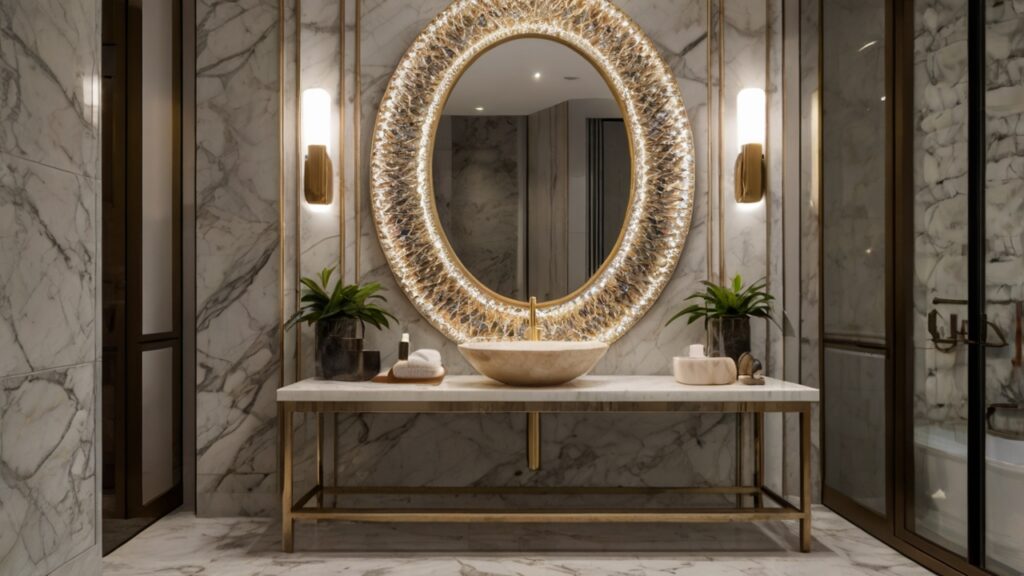 luxurious bathroom design featuring an oval statement mirror