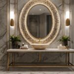 luxurious bathroom design featuring an oval statement mirror
