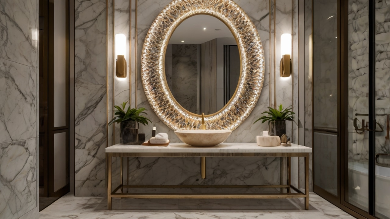 luxurious bathroom design featuring an oval statement mirror