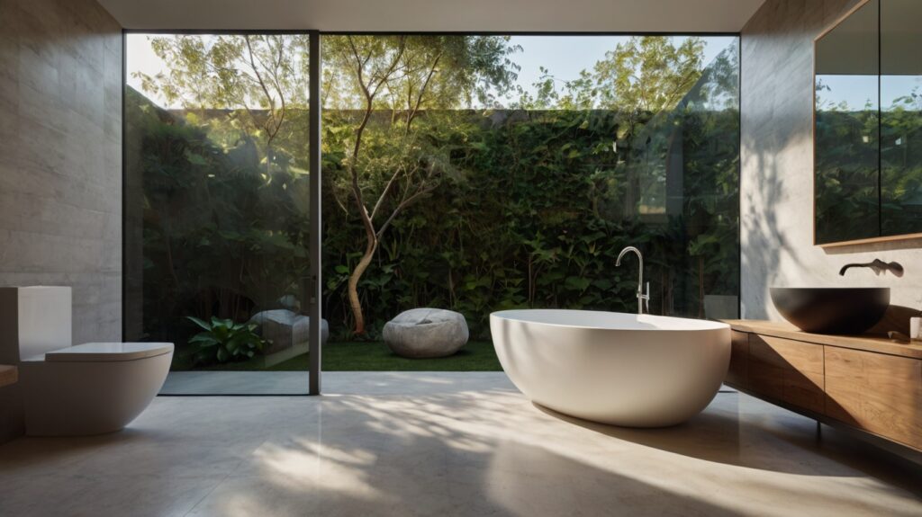 minimalist bathroom design featuring a bathtub with a garden view