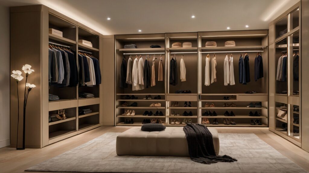 minimalist closet design in beige color featuring open shelves and ambient lighting