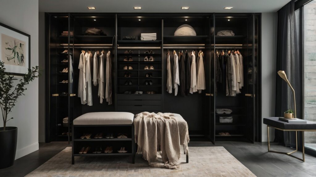 minimalist closet design in black featuring multi-functional storage