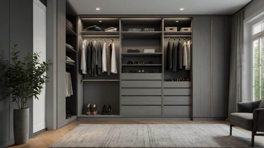 minimalist closet design in grey featuring custom closet built-ins