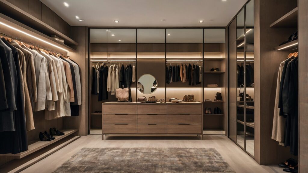 minimalist closet design in taupe featuring a well-placed mirror