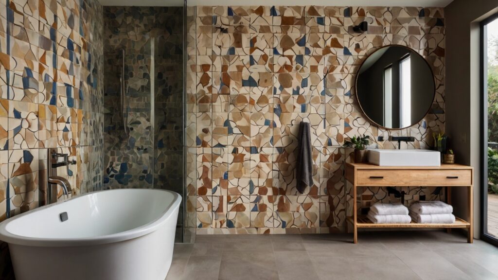 modern bathroom design featuring bold wall tile patterns with neutral elements