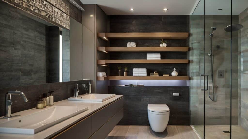 modern bathroom design featuring floating wooden shelves with a display