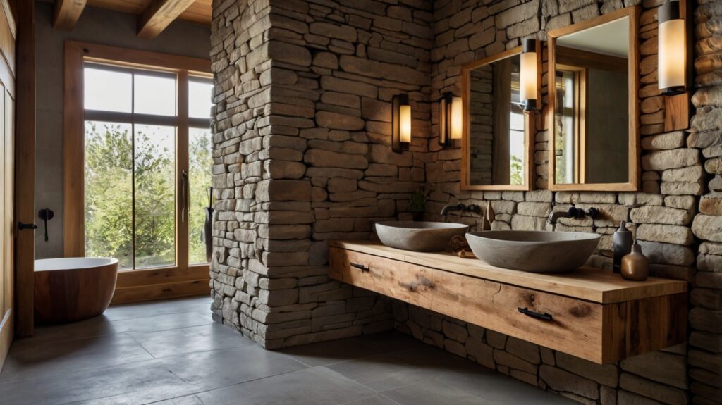 rustic bathroom design featuring a stone sink with wooden elements
