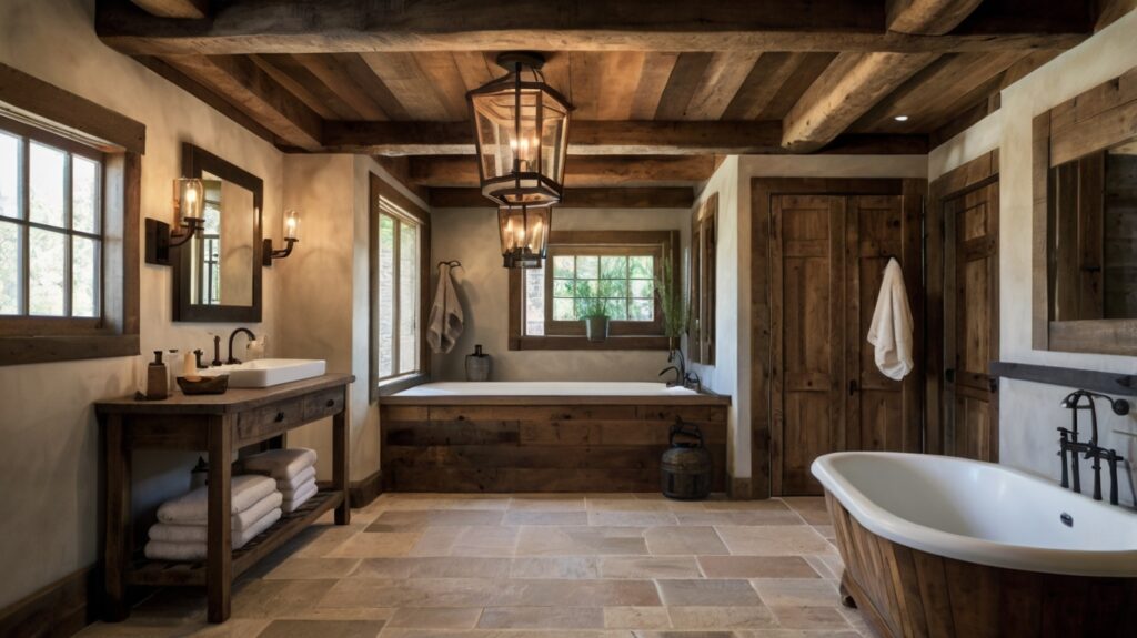 rustic bathroom design featuring exposed beams on the ceiling with a lantern-style light fixture