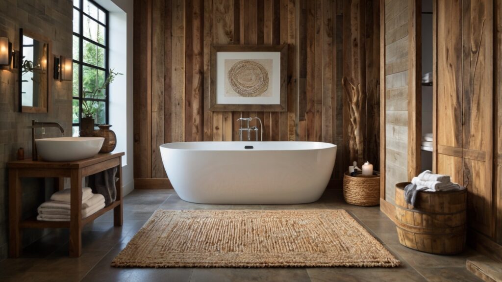 rustic bathroom design featuring natural fiber rugs