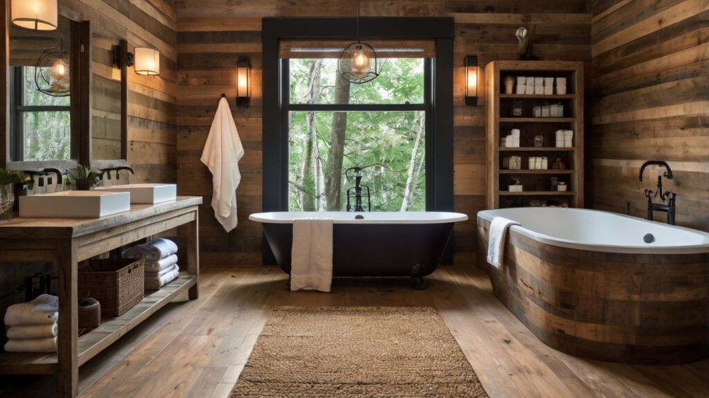 rustic bathroom design featuring vintage lanterns and wrought iron details