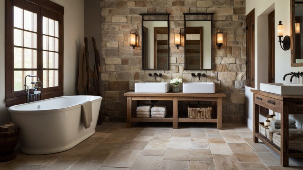 rustic bathroom design featuring neutral colors and soft textures