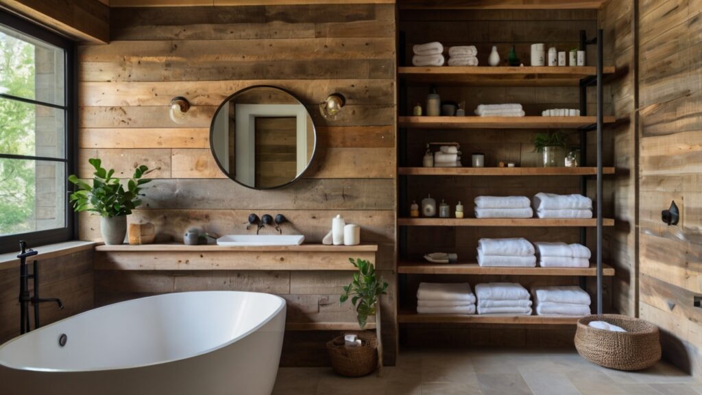 rustic bathroom design featuring open shelves