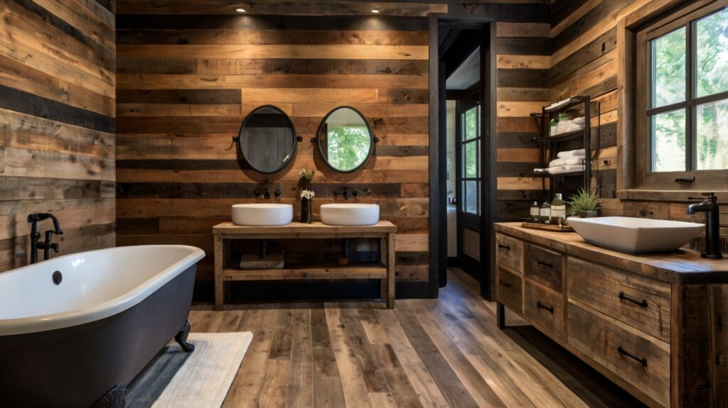 rustic bathroom design featuring reclaimed wood walls and a wooden vanity