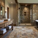 rustic bathroom design featuring stone floors with pebbles accent