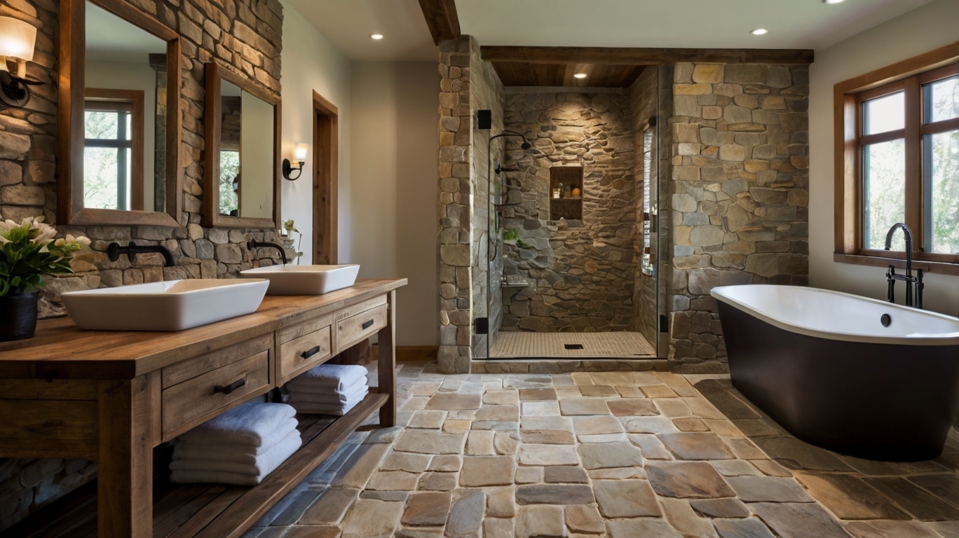 rustic bathroom design featuring stone floors with pebbles accent