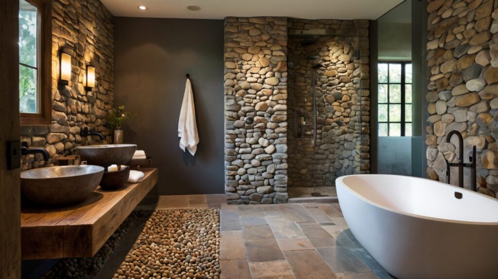 rustic bathroom design featuring stone floors with pebbles accent