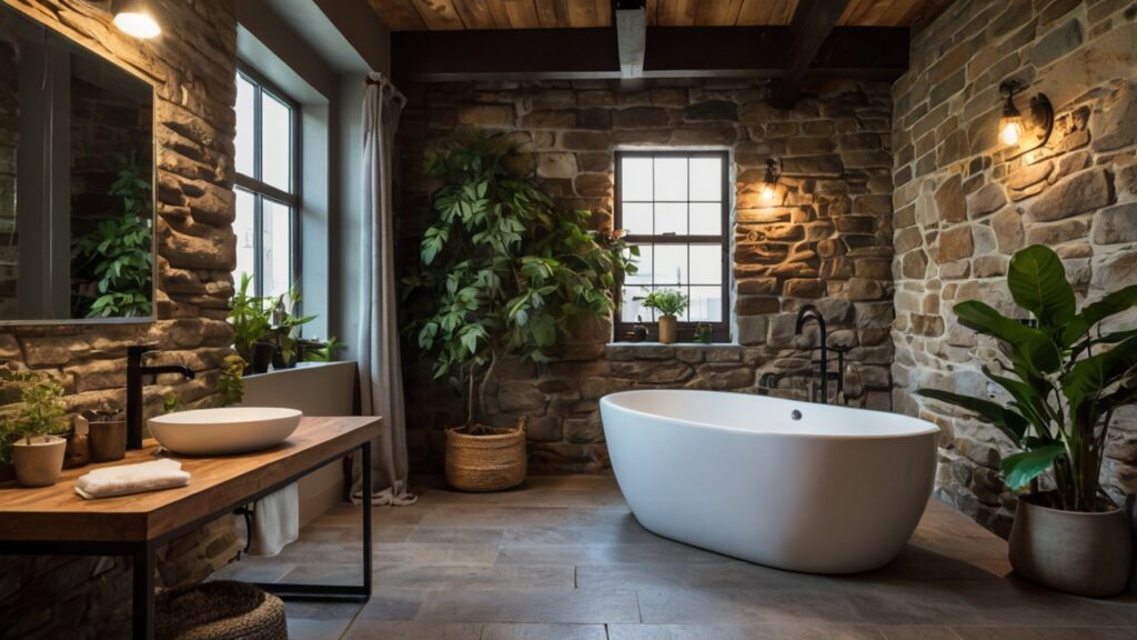 rustic bathroom featuring a plant corner and stone walls with exposed beams 