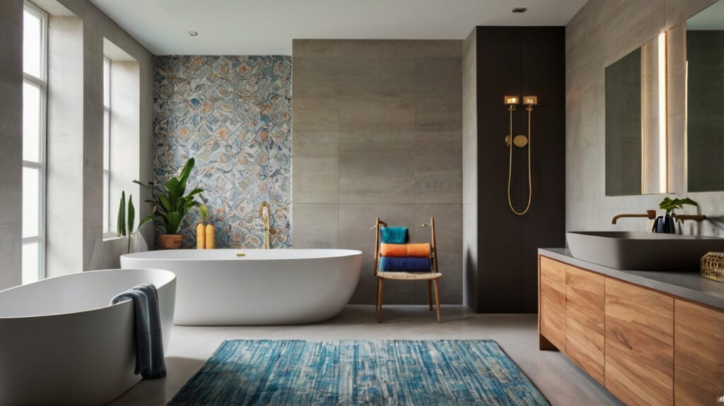 sleek bathroom design featuring a calming color palette with colorful accessories and rugs