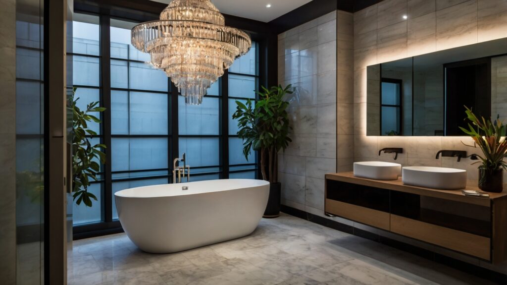 sleek bathroom design featuring layered lighting and a statement chandelier