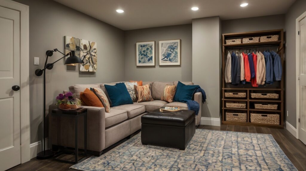 small basement area design featuring a storage ottoman