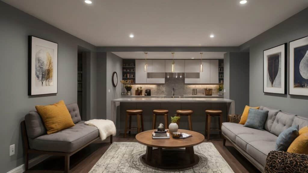 small basement area design featuring low basement ceilings with recessed lighting