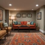 small basement design featuring rugs with bold patterns or colors