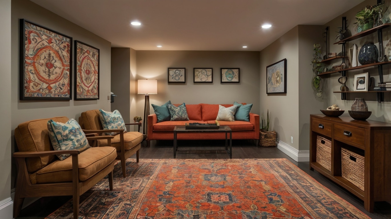 small basement design featuring rugs with bold patterns or colors