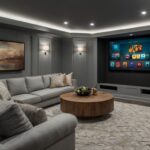 small basement home theater design in pale grey