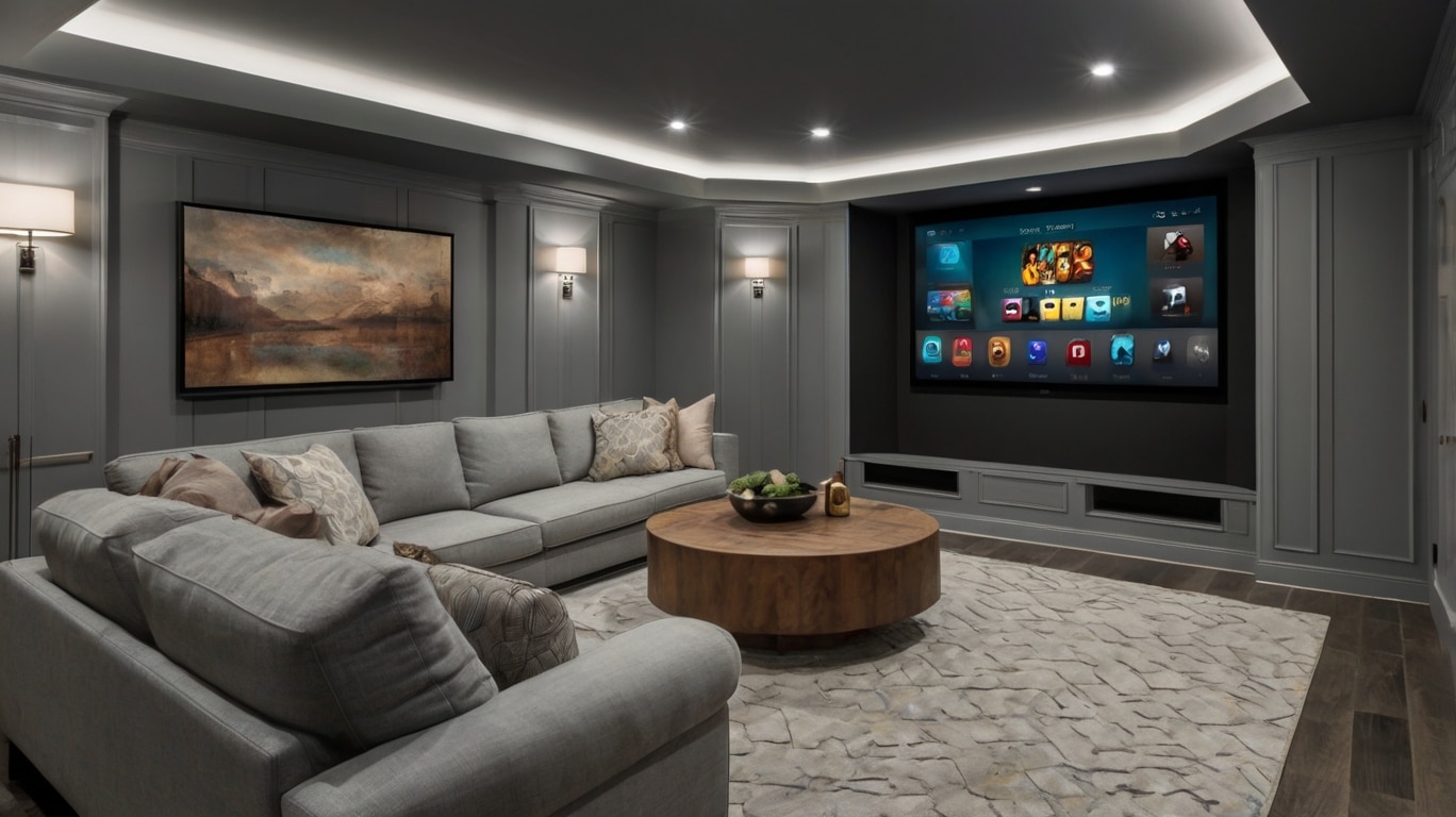 small basement home theater design in pale grey
