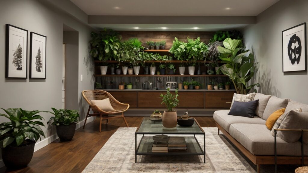 small basement living area design featuring potted plants