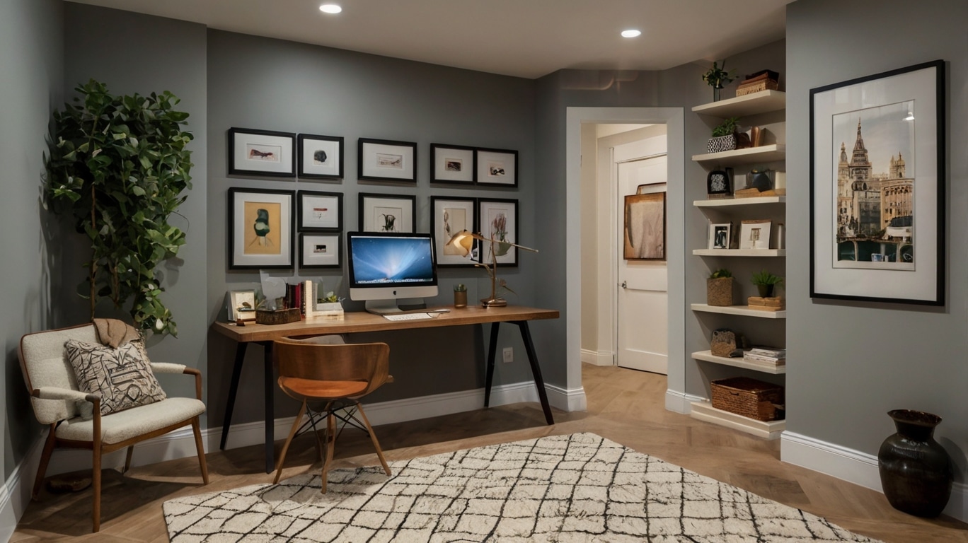 small basement office design featuring a gallery wall