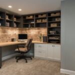 small basement office design featuring wall-mounted cabinets and open shelves