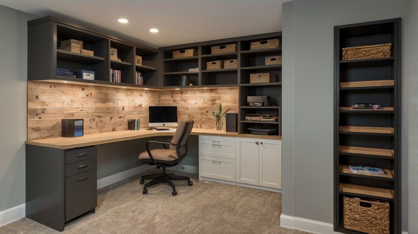 small basement office design featuring wall-mounted cabinets and open shelves