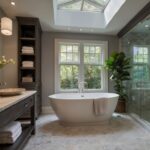 timeless bathroom design featuring skylights and a large mirror