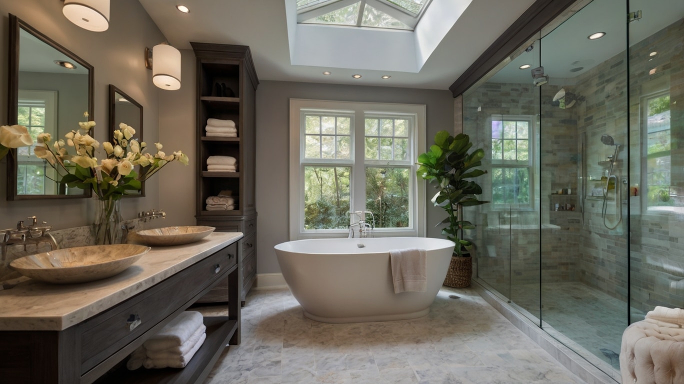 timeless bathroom design featuring skylights and a large mirror