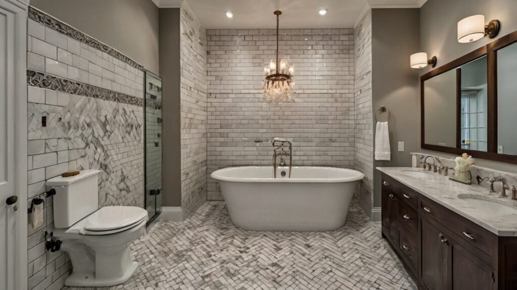 timeless bathroom design featuring subway tiles backsplash in a herringbone pattern